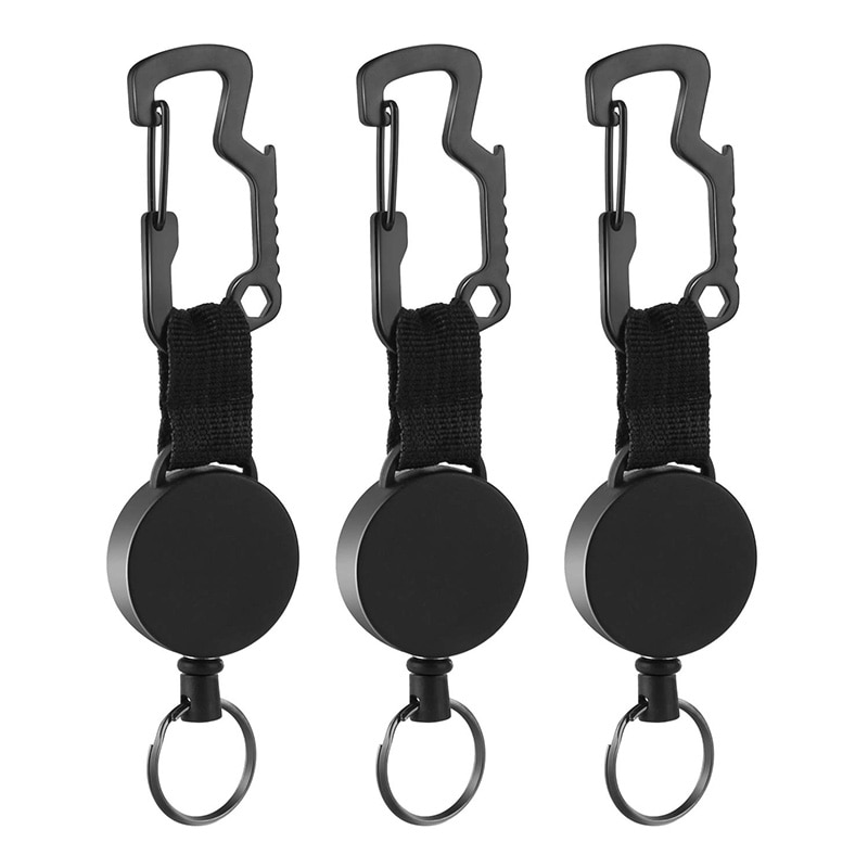 3 pakke udtrækkelig nøglering - kraftig badgeholderrulle med multiværktøj karabinhage klip, nøglering med ståltrådsnor op  to 25