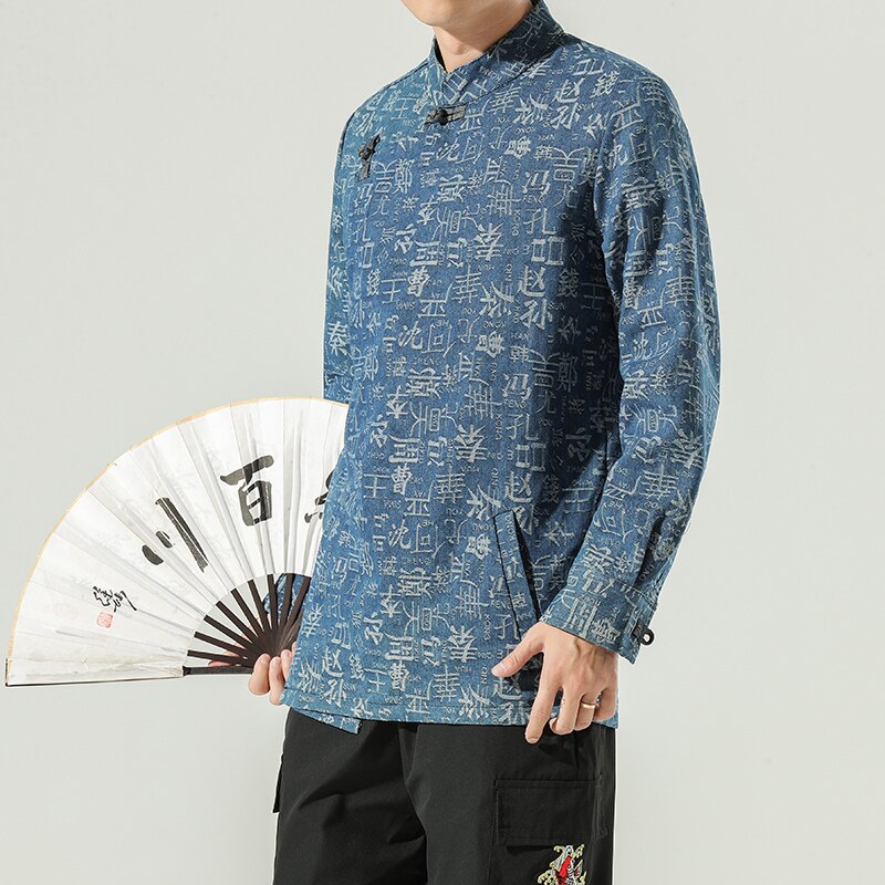 Men's Vintage Denim Jackets Mandarin Collar Frog Chinese Buttons Jean Coats Japanese Streetwear Side Button