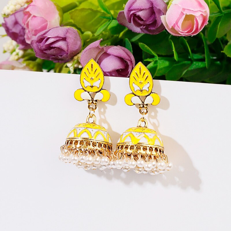 Tophanqi Bollywood Oxidized Big Bell Dangle Earrings For Women Green Leaf Carved White Beads Tassel Indian Jewelry Earring