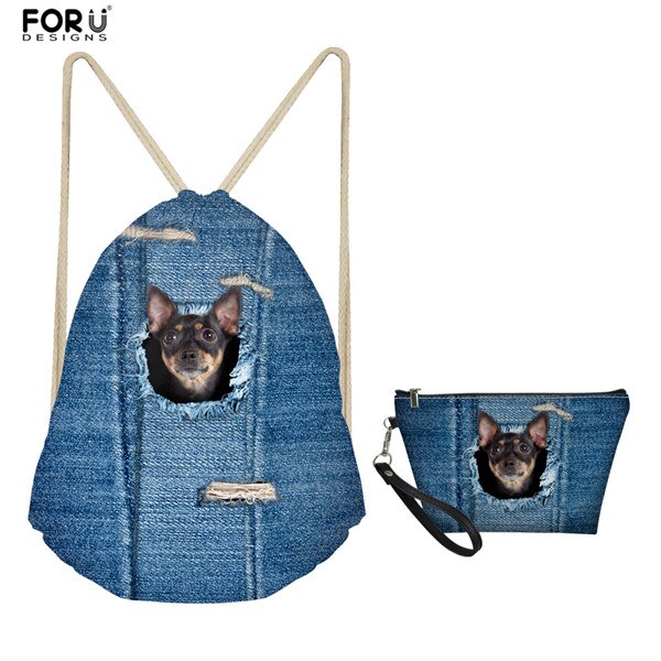 FORUDESIGNS-mochila con cordón para playa para niñas, bolsa de viaje de aseo personal, bolso de bolsillo de tela vaquera con patrón de gato, 2 piezas: H317Z3Z8