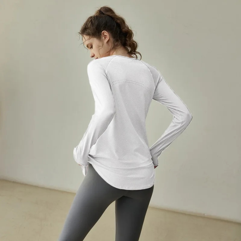 Ademende kleurblok sport yogaset met lange mouwen voor dames afslankende fitnesskleding hoge esthetische waarde: L / WHITE