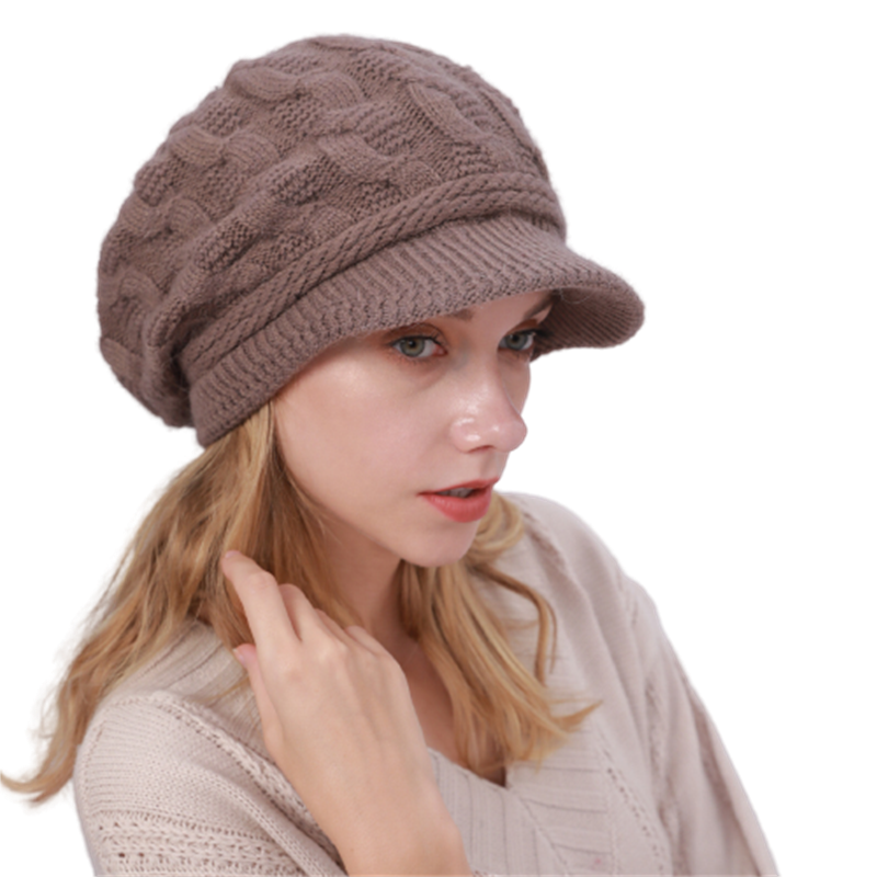 Gorros de felpa con visera de punto trenzado para mujer, boina informal a prueba de viento, Color liso, Otoño e Invierno