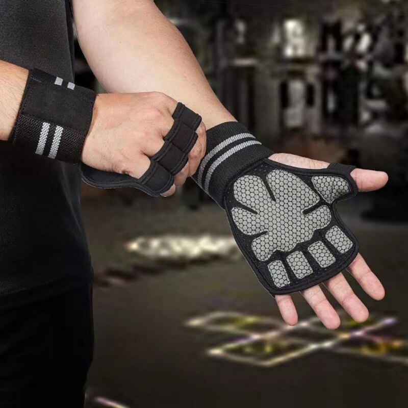 Fitnesshandschoenen, handpalmbeschermer met polsbanden, trainingshandschoenen voor gewichtheffen, haltergrepen, pads voor fitnessapparatuur