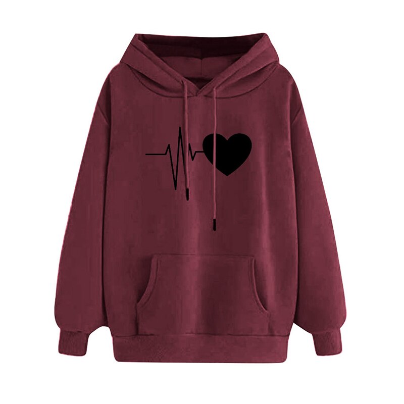 Autumn Women Hoodies Long Sleeve Cotton Gym Sweater Boyfriend Style Heart Gesture Hooded Sweatershirt Loose Pullover Tops: S / Wine-Red