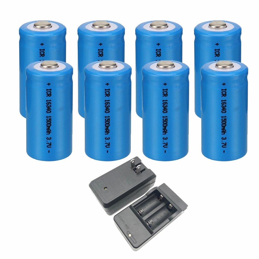 3.7V 1500mAh Rechargeable Li-ion Batteries 16340 CR123A Battery For CR123A 16340 battery For LED Flashlight Travel Wall Charger: 8pcs with charger