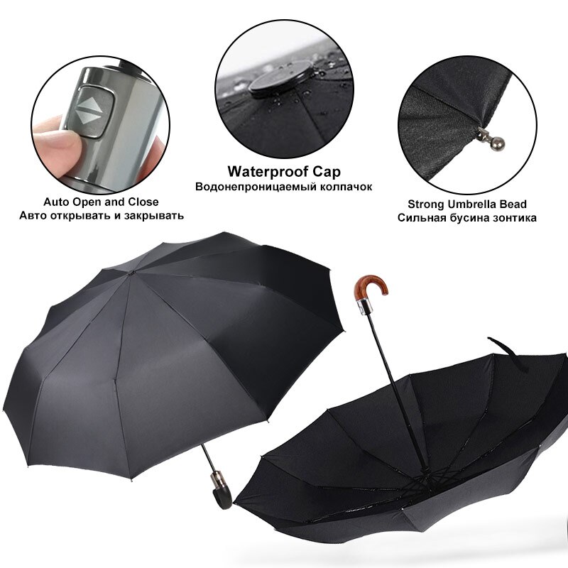 Classic English Style Umbrella Men Automatic 10Ribs 3Folding Strong Wind Resistant Umbrellas Rain Women Business Male Parasol