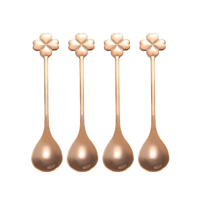 4 Stks/partij Koffie Lepels 12.4 Cm Tiny Lepels 304 Rvs Klavertje Vier Lepel Dessertlepel Set Serveren lepel: Rose Gold 4 Pcs