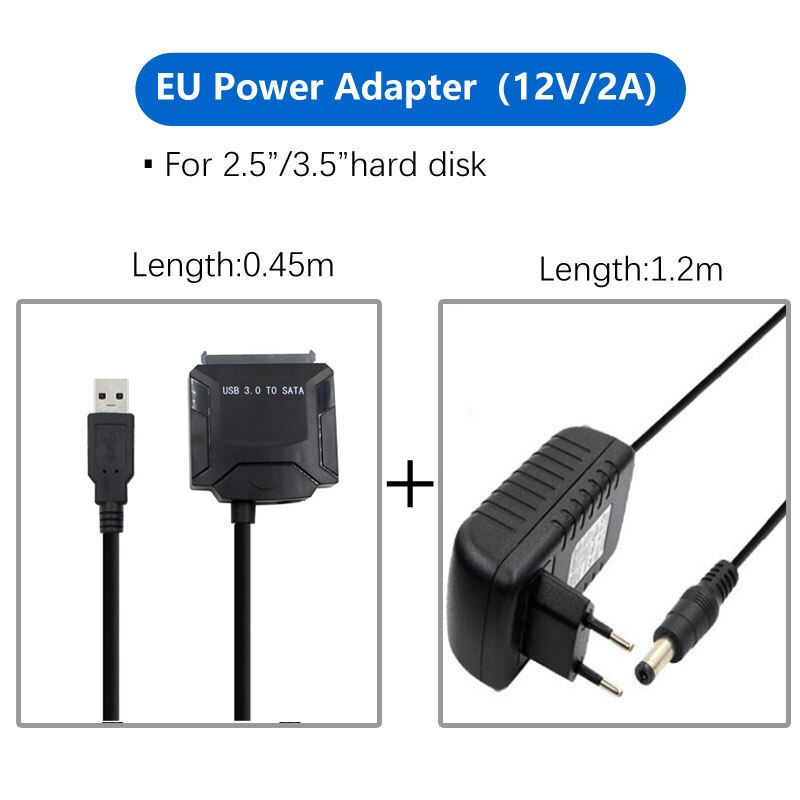 Sata adapter kabel usb 3.0 to sata converter 2.5 3.5 tommer super speed harddisk til hdd ssd usb 3.0 to sata kabel: E02 eu strøm