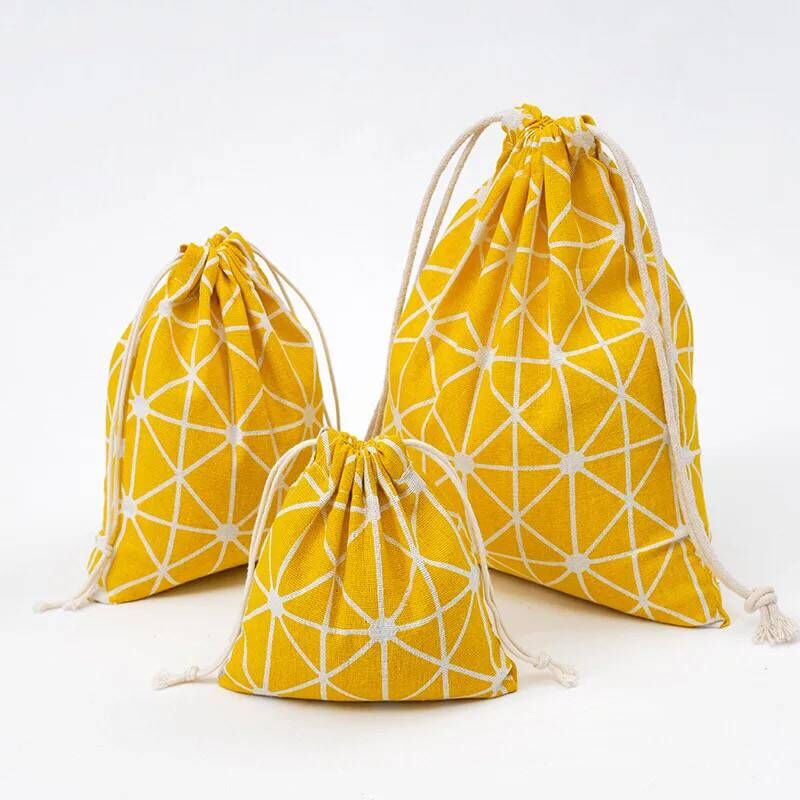 YILE Yellow Geometry Cotton Linen Drawstring Multi-purpose Pouch Organized Bag 8614e: L 32x24cm