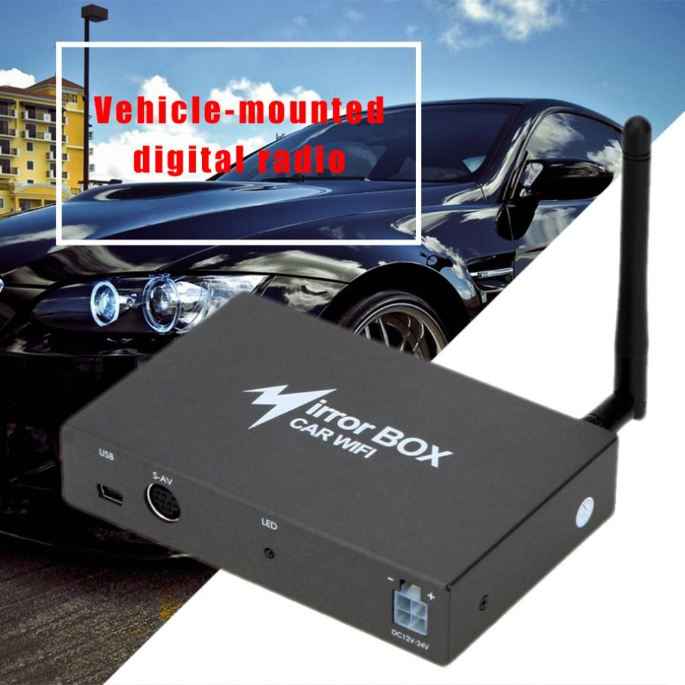 Caja espejo WIFI para coche para Android iOS navegación de teléfono móvil A monitores LCD convertidor de Espejos A/V Universal 2,4G