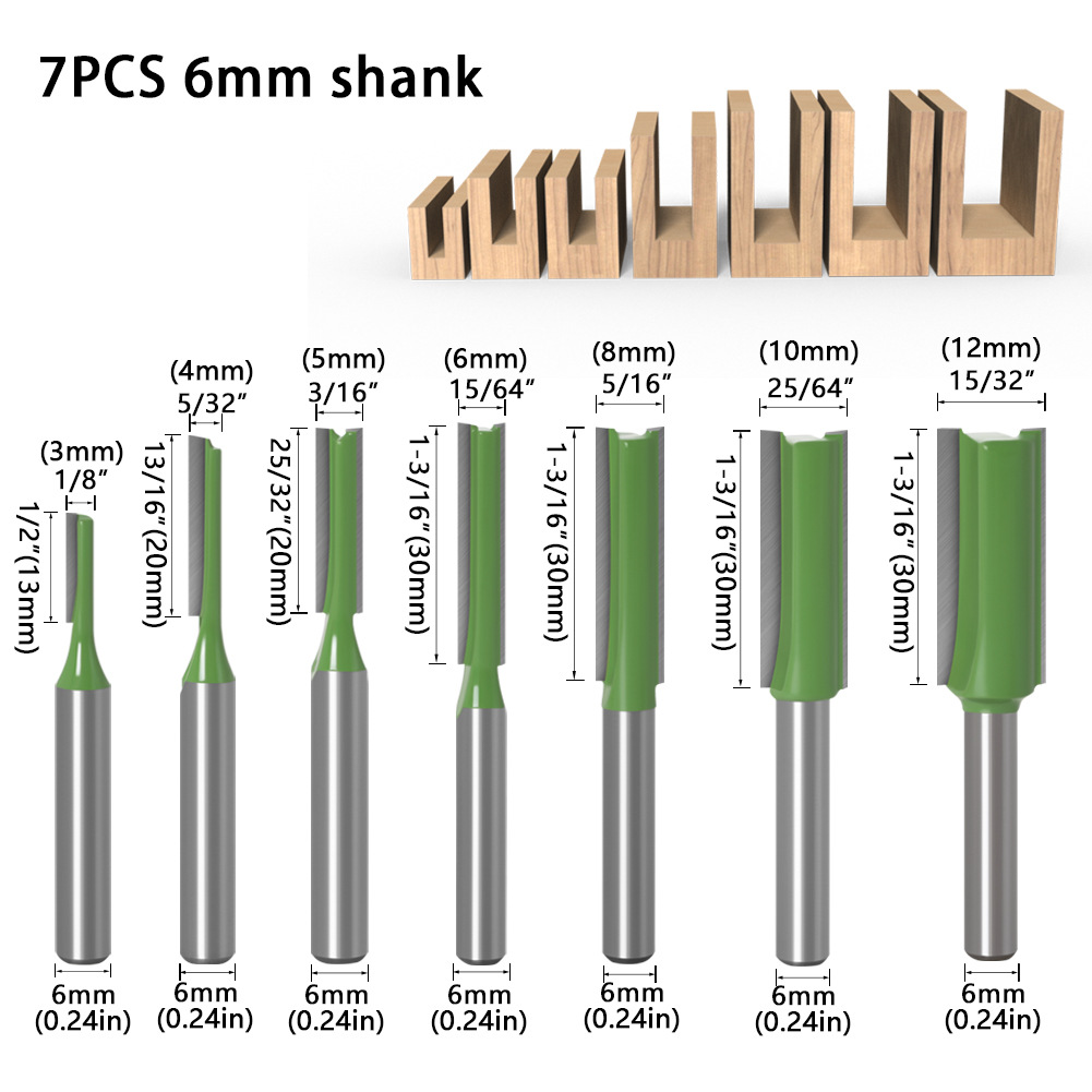 1/4 zoll 6mm Schaft Gerade Bit Fräser Einzigen Doppel Flöte Holz Schneider Hartmetall Router Bit Holzbearbeitung Werkzeug set: 7pcs 6mm