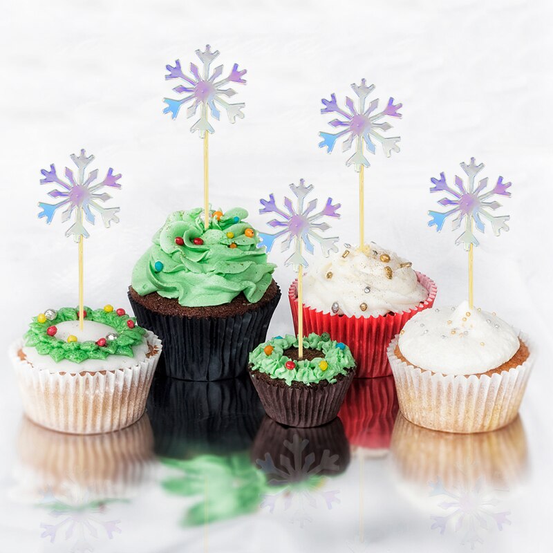 50 stuks sneeuwvlok cupcake toppers taartvlaggetjes voor kerstversiering, bruiloft, verjaardag, babyshower benodigdheden