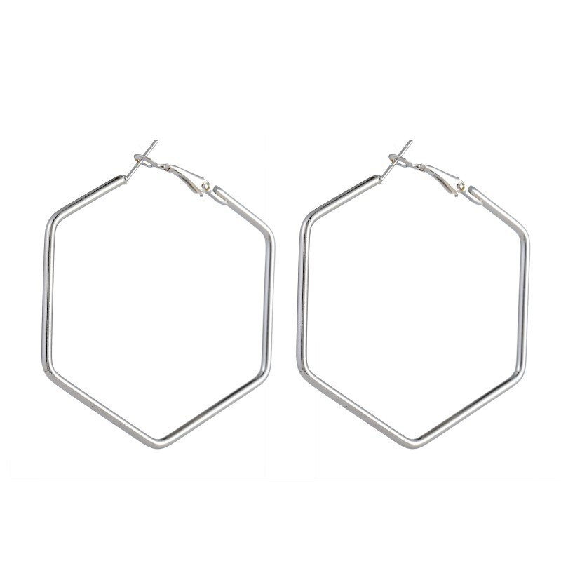 Punk Sieraden Smooth Hexagon Big Hoop Oorbellen Voor Vrouwen Lady Grote Geometrische Hollow Verklaring Oorbel: Silver