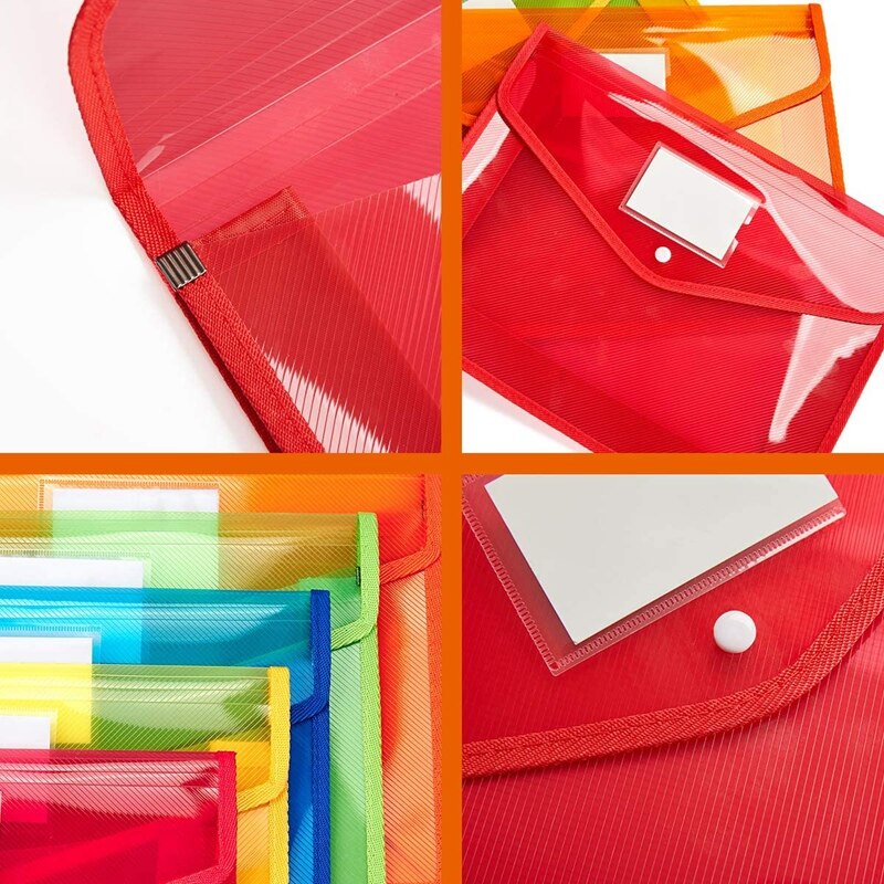 7 Pack A4 Plastic Wallet Folder Envelopes with Closure and Label Pocket, 2.8inch Expansion, for School Home Work Office