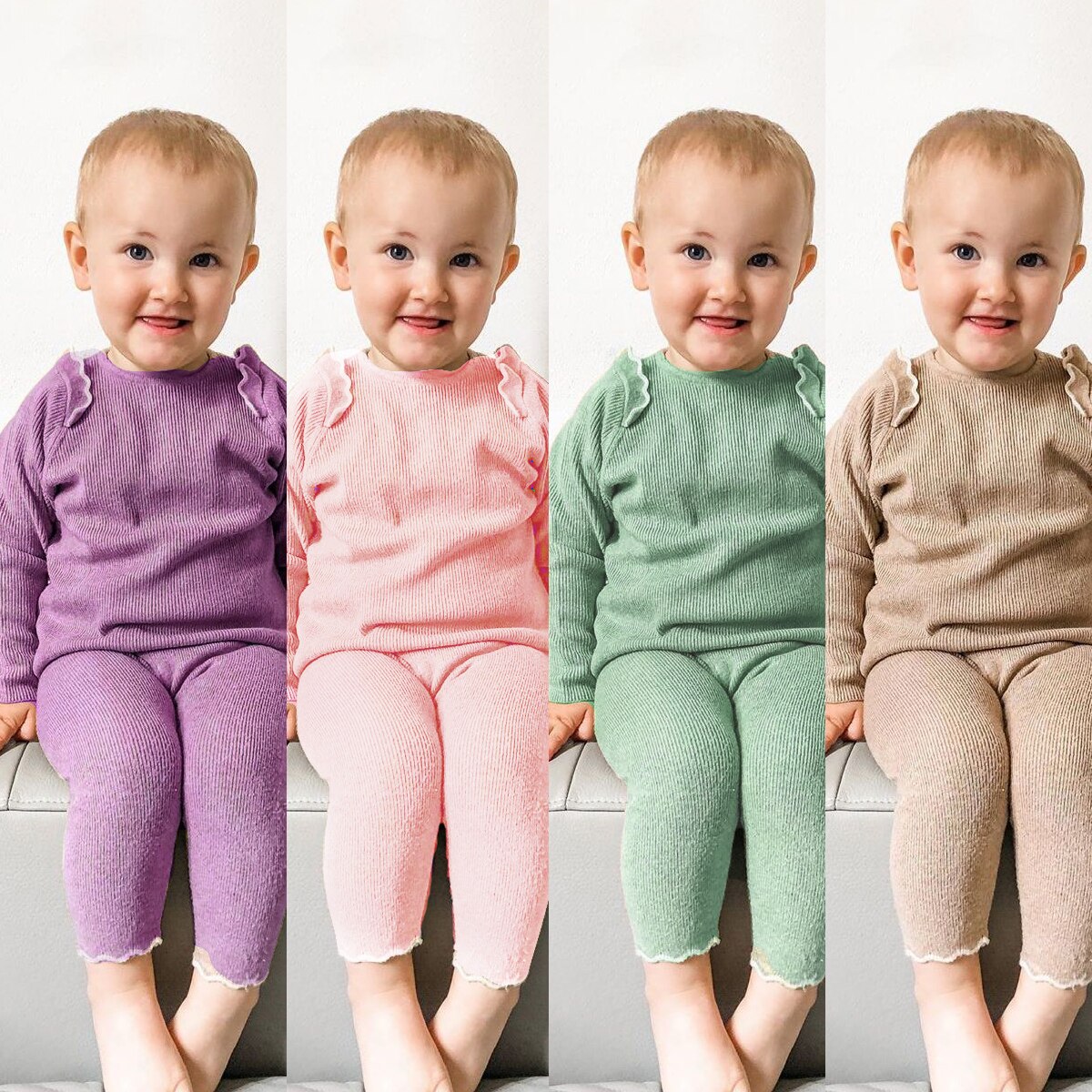 2Pcs Cotton Toddler Infant Girls Clothing Set Fall Ribbed Stripes Ruffle Long Sleeves Elastic Tops+Pants Kids Sleepwear