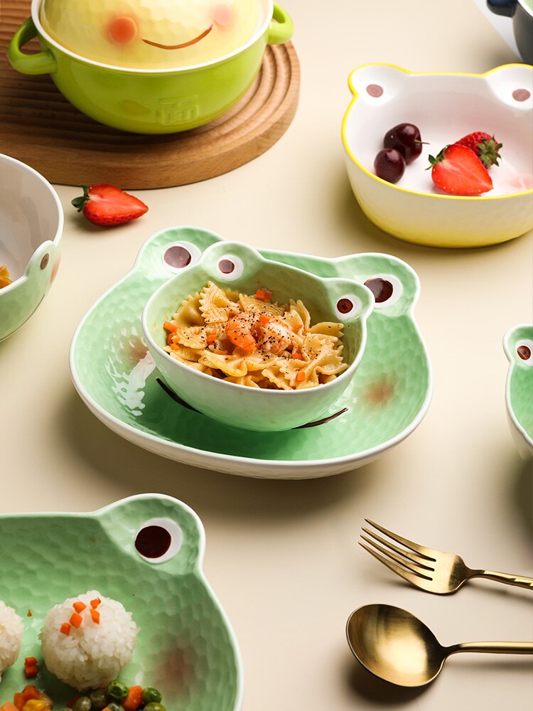 Cuencos de cerámica creativos para niños, recipiente de comida para fruta, rana de dibujos animados debajo de los platos esmaltados de 8,5 pulgadas