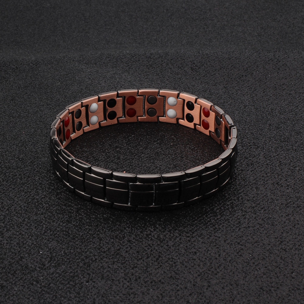 FINE4U B378 Mens Pure Copper Bracelet Double Row 4 Element Black Magnetic Health Bracelet Power Wristband