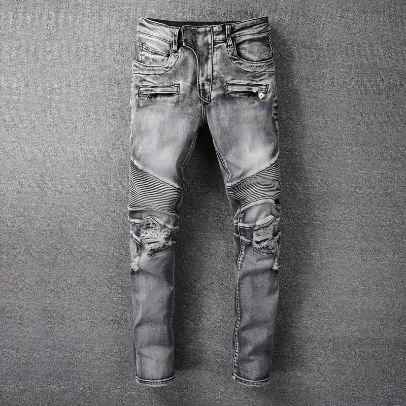 Amerikaanse Straat Stijl Mode Mannen Jeans Retro Grijs Vernietigd Spliced Gescheurde Jeans Voor Mannen Hip Hop Punk Biker Broek: 40(Chinese Size)