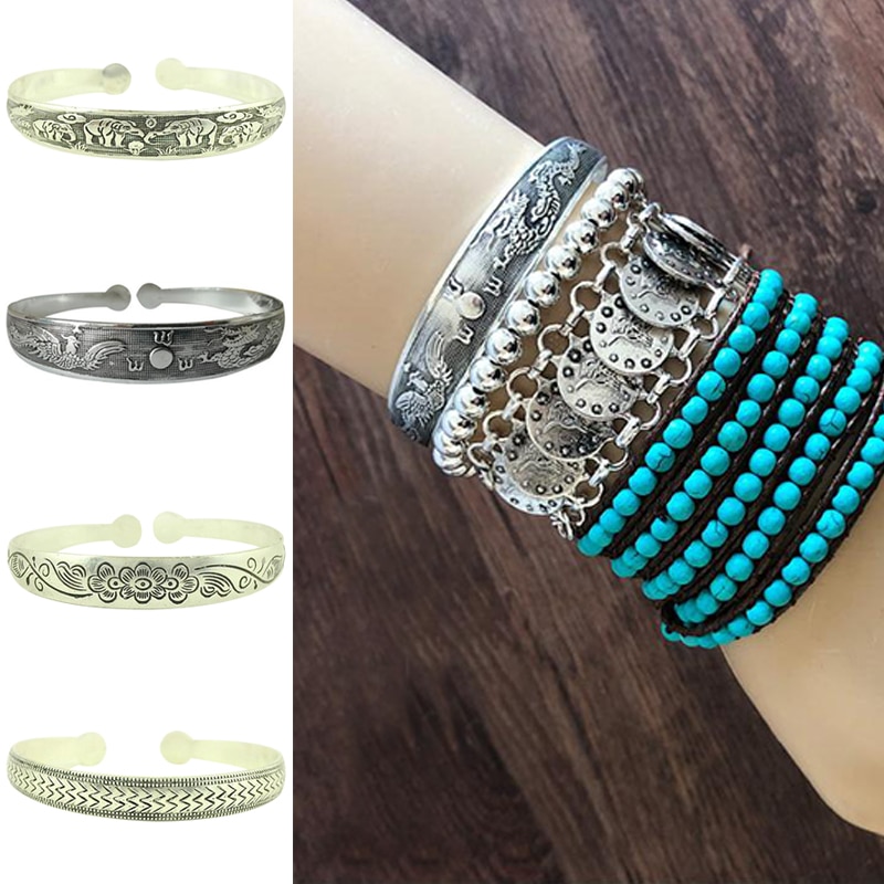1pc Vintage Carved Open Bracelet Tibetan Silver Bracelet Dragon And Phoenix Bracelet Original