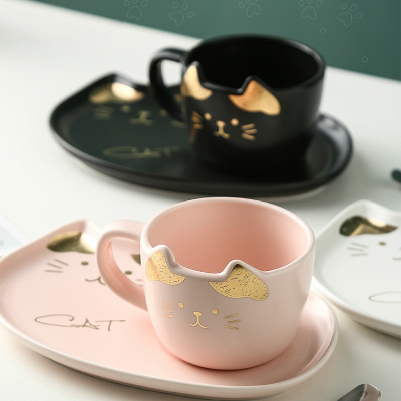 Juego de tazas de café de cerámica con dibujos animados de gato, taza de té con platillo, cuchara, desayuno, leche, café, pan, postre, plato de porcelana para mascotas