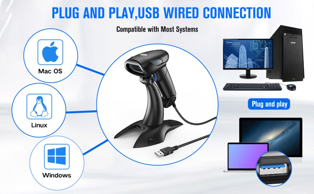 Eyoyo USB Wired 1D Barcode Scanner Adjustable Stand Handheld Bar Code Reader Plug&amp;Play For Library Store Warehouse POS System