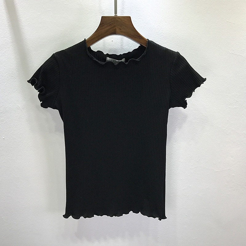 Camiseta deportiva informal para mujer, Top de Yoga transpirable con volantes, Top de manga corta suave de Color sólido, camiseta elástica de uso diario para mujer: Black