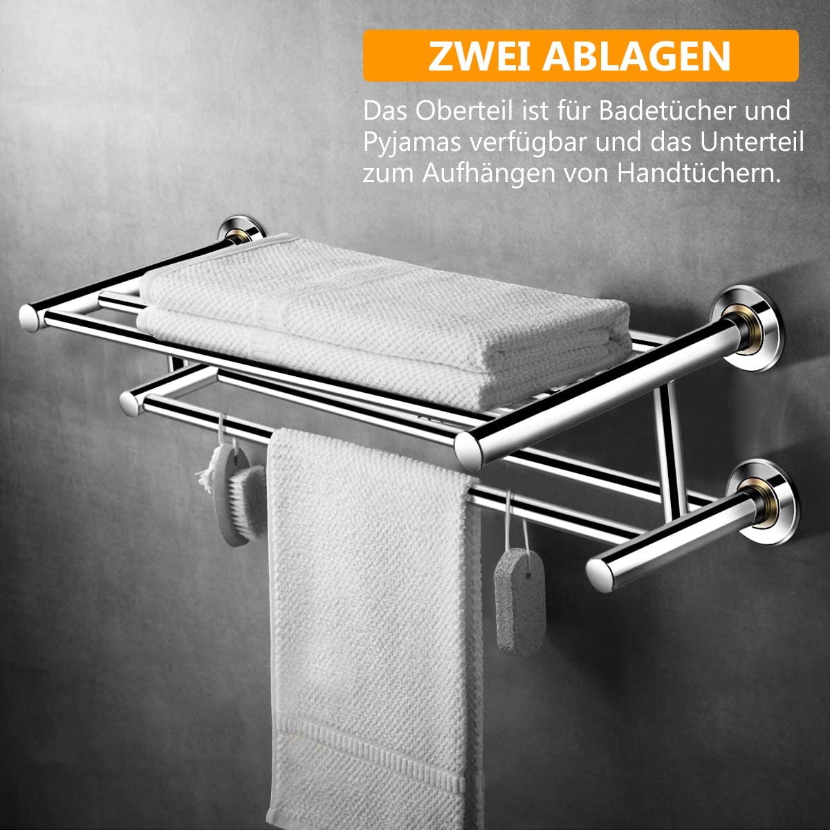 Toallero plegable de acero inoxidable para baño, estante de toalla montado en la pared de dos niveles, 60cm, 304