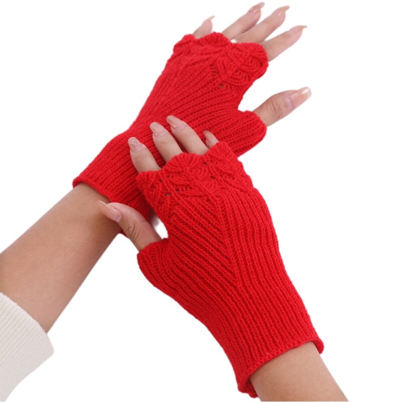 Luvas femininas furadas sem dedos e malha, luva de dedo em escala de peixe, design de cor sólida, aquecedores de braço para meio dedo: Red