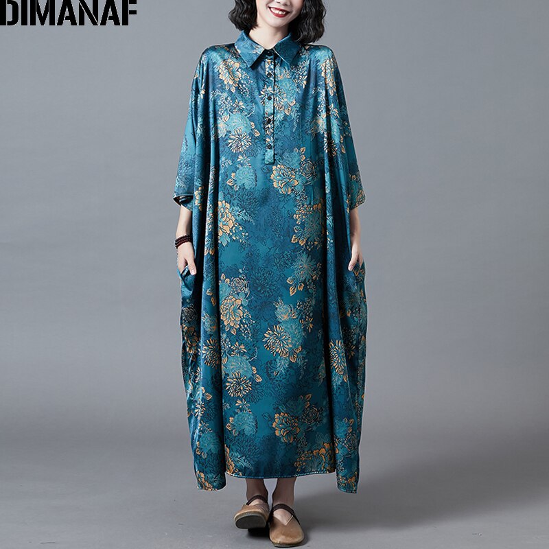 Dimanaf plus size kvinder kjole dame vestidos vintage tøj silke løst afslappet print blomstret maxi kjole efterår 5xl 6xl