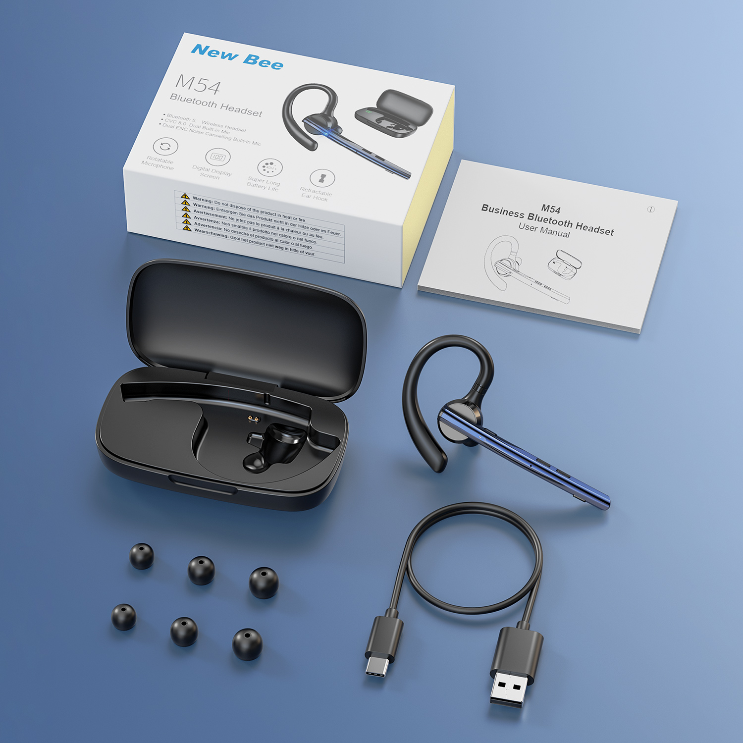 New Bee M54 Cuffie da guida Bluetooth Cuffie wireless con doppio microfono Auricolari vivavoce singoli con cancellazione del rumore