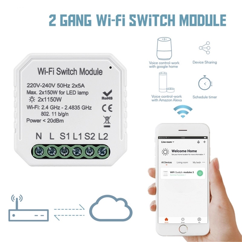 Lonsonho Smart Wifi Schalter Relais 2 Gang 220V Tuya Smart Home Automation Modul Fernbedienung Kompatibel Alexa Google Hause mini