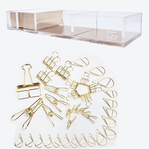 High - end acrylic three - cell notes box transparent transparent metal lattice office stationery Office supplies set: Bundle1yellow gold