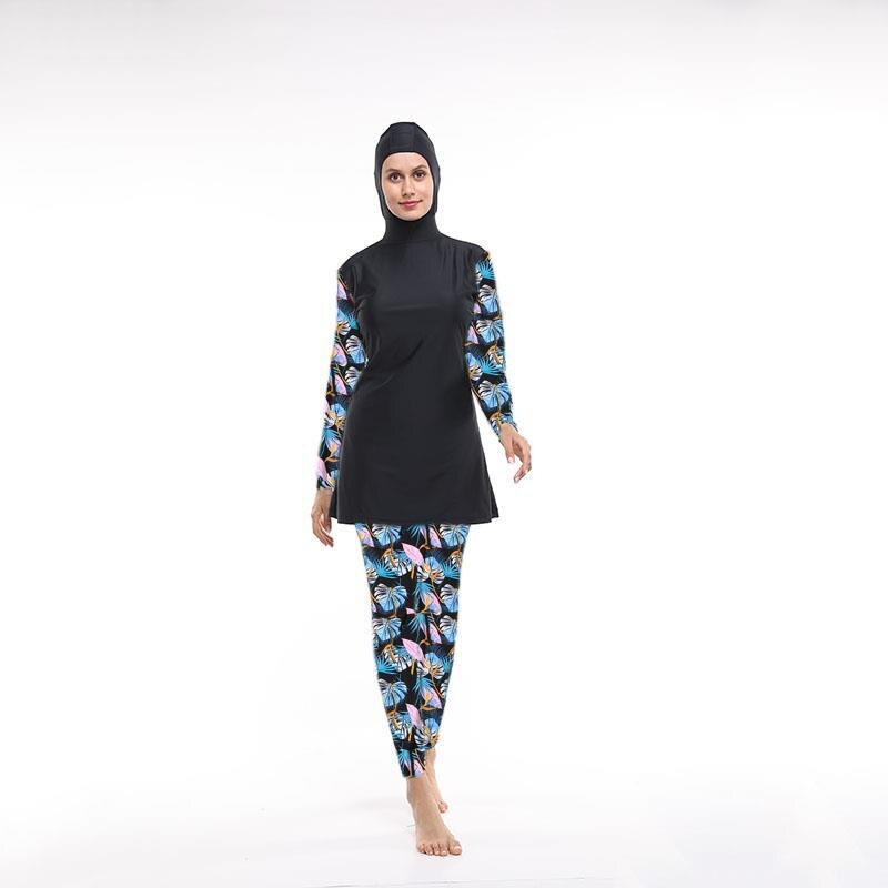 Kvinder blomstret muslimsk badetøj hijab muslimah islamisk badedragt svømme surf wear sport burkinis s -5xl: Sort 2 / L