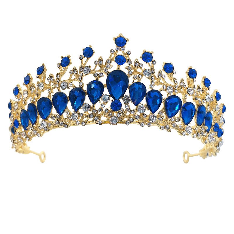 Conjunto de joyas para novia, Set de joyas de cristal, Tiara, corona, pendientes, Gargantilla, collar, boda, Dubái, oro, rojo, azul, verde, Barroco: 1Pcs Blue Crown