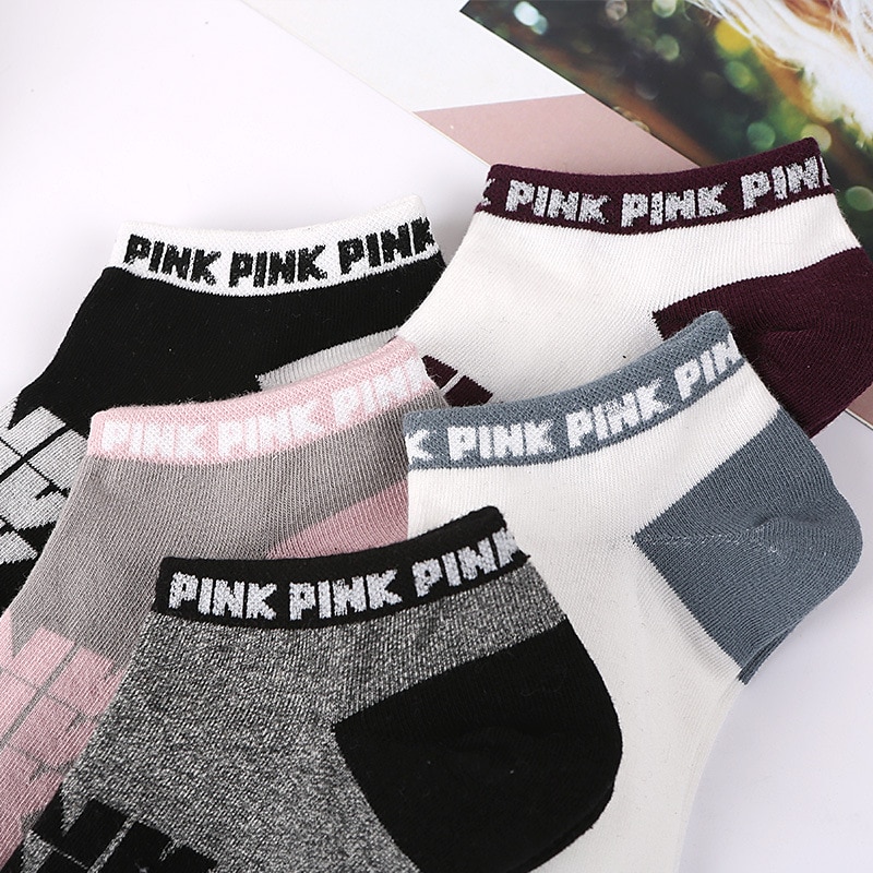 5 paar roze sokken met kleurrijke grappige sokken, roze letters, voetbalsokken, harajuku streetwear enkelsokken
