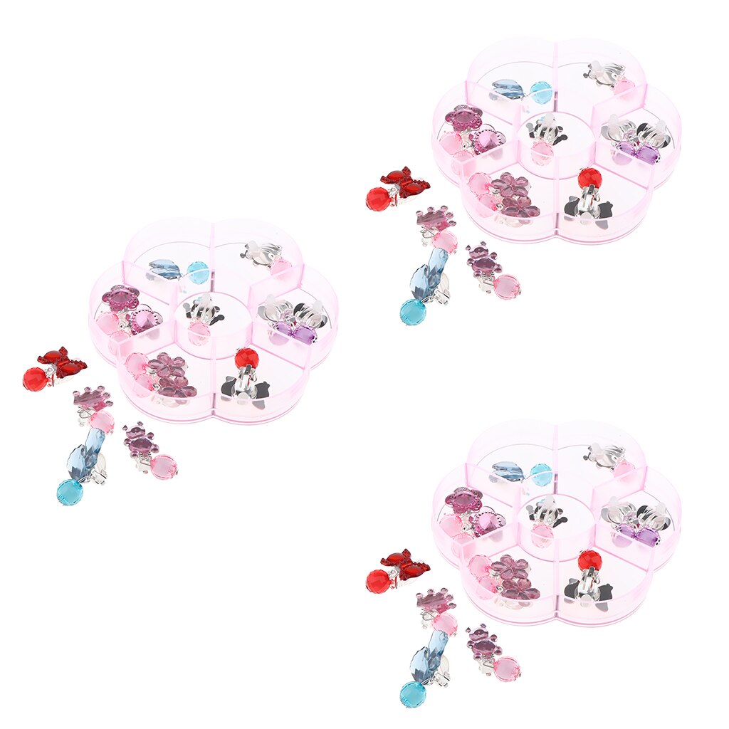 7 Pairs Cartoon Kids Kleurrijke Acryl Omzoomd Clip Op Oorbellen + Box