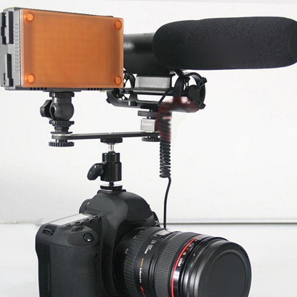 Sort flash lampe speedlite lys beslag universal hul kamera metal dslr dobbelt dobbelt hoved stativ holder 1/4 skrue stander