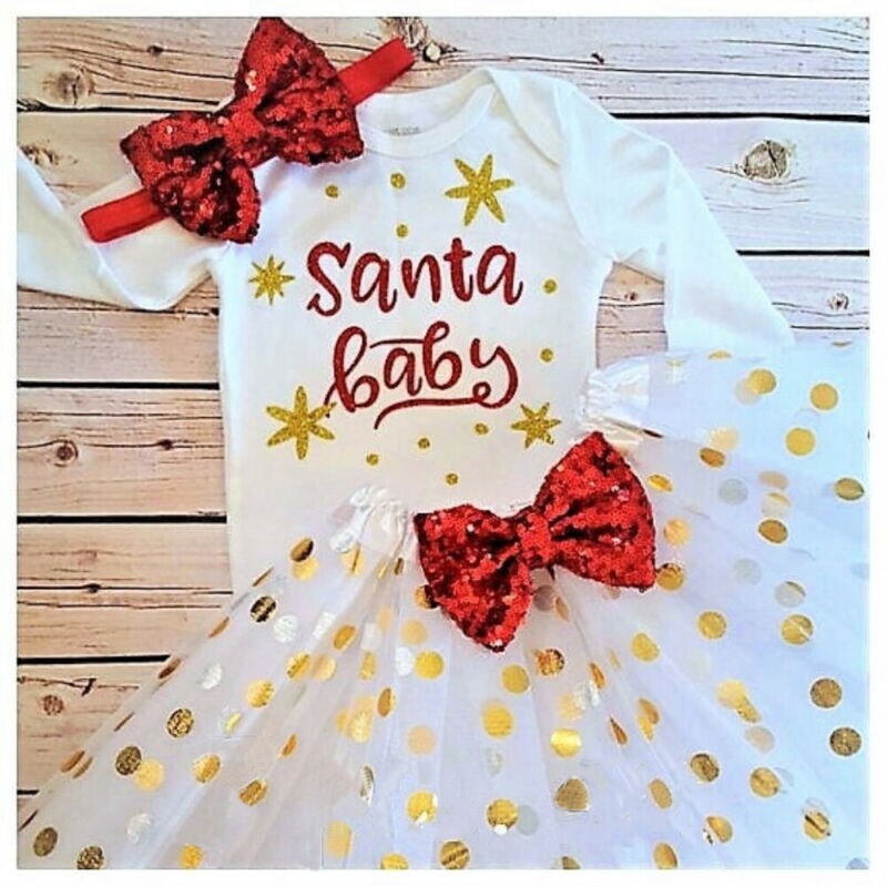 3 pçs emmababy bebê recém-nascido menina meu primeiro natal carta impressão macacão + saia bandana roupas de moda