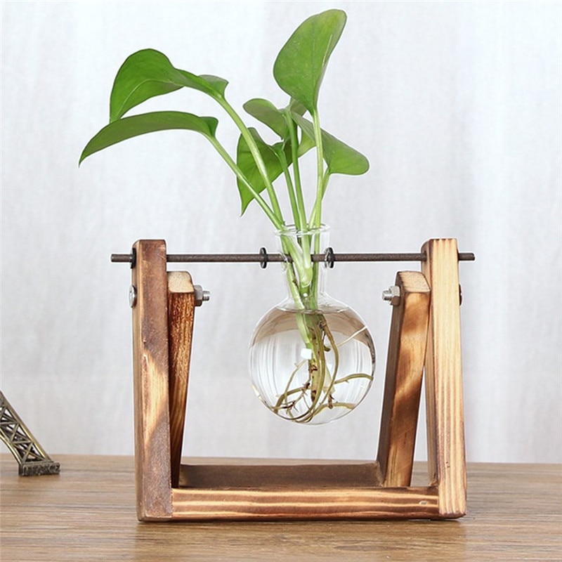 Desktop Glass Planter Bulb Vase with Retro Solid Wooden Stand and Metal Swivel Holder for Hydroponics Plants Home Office Decor