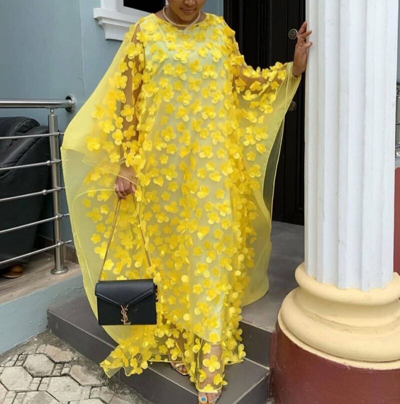 Gasa estilo africano mujeres vestidos largos Casual Oversize holgado femenino manga murciélago Vintage Maxi vestido y forro: Amarillo