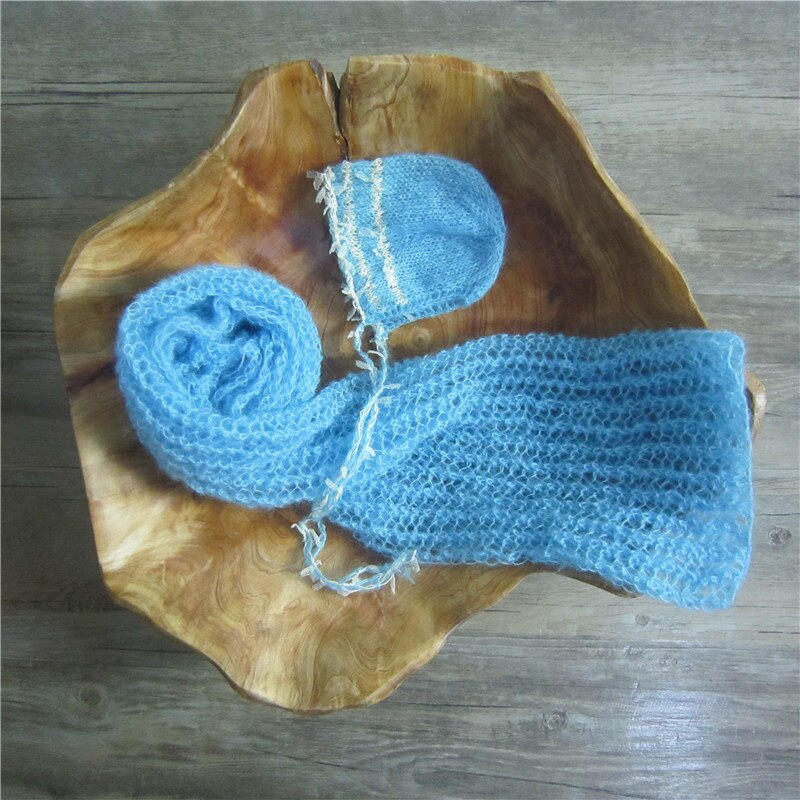 Nyfødt baby fotografering rekvisitter, håndlavet strik mohair wrap, baby blødt tæppe, wrap med matchende hat: Blå