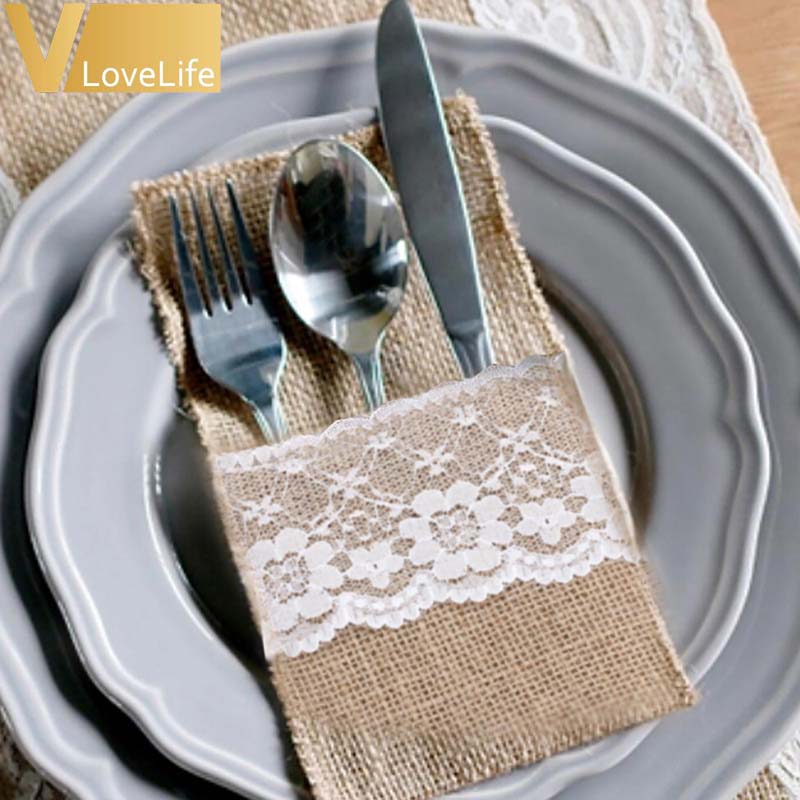 10 stk/parti jutebestikholder blonderservice lomme lomme jule sølvtøj holder lommer bryllup bord dekoration