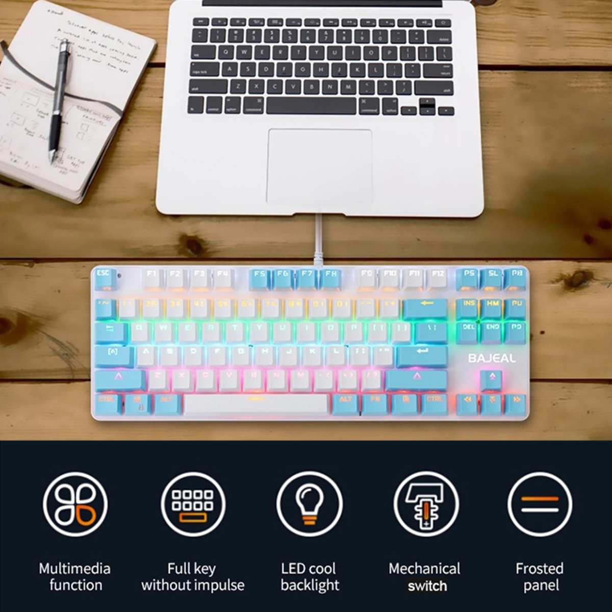 BAJEAL K100 87 Keys Wired Gaming Mechanical Keyboard Two-Color Blue Switch LED Backlight Keyboard For PC Gamer Laptop Computer