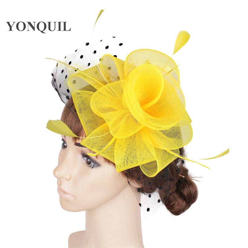Women Headpiece Multiple Color Crinoline Material Fascinator Headwear Colorful Mesh Show Headpiece Cocktail Hat MYQ039: Yellow