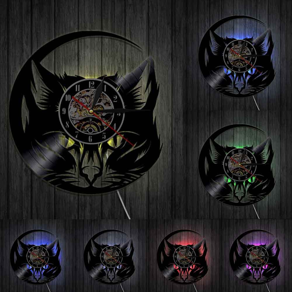 Kitten Head Cat Vinyl Record LP Wall Clock Black Cat Cat Lover Home Decorative Lighting Wall Watch Non-Ticking Glowing Led Lamp