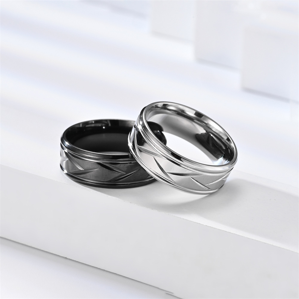 Men’s Silver Color Black Stainless Steel Ring Groove Multi-Faceted Ring for Men Women Engagement Ring Anniversary