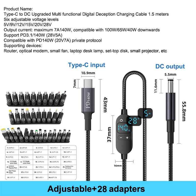 USB C Naar DC Power Boost Kabel Verstelbare Spanning Adapter Connector Cord Voor Laptop Router PD140W/5 V/9 V/12 V/15 V/20 V/28 V: Rood