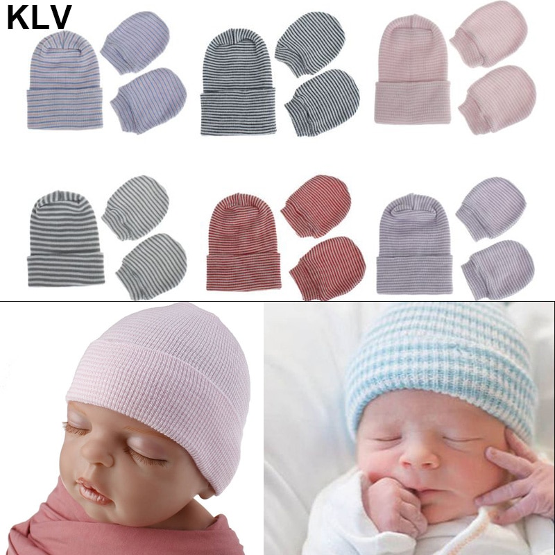 Nyfødt baby hue og vante sæt hospital strik hue hue blød børnehave hue i 0-3 måneder