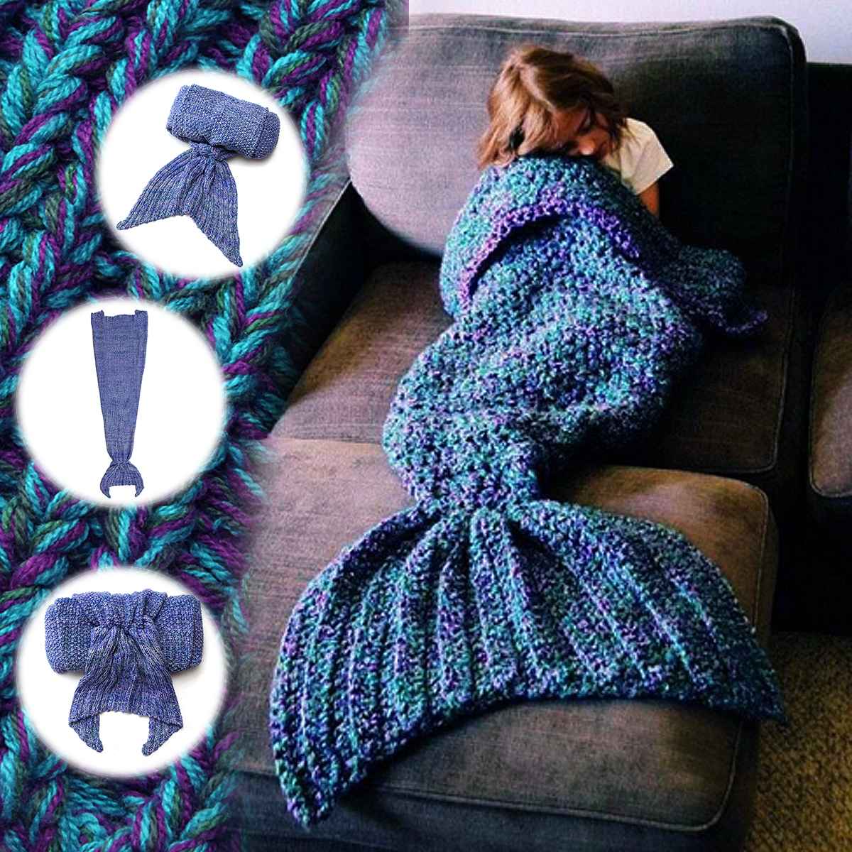 80cmx180cm Mermaid Tail Blanket Crochet Mermaid Blanket for Adult Super Soft All Seasons Sleeping Knitted Blankets Home Office