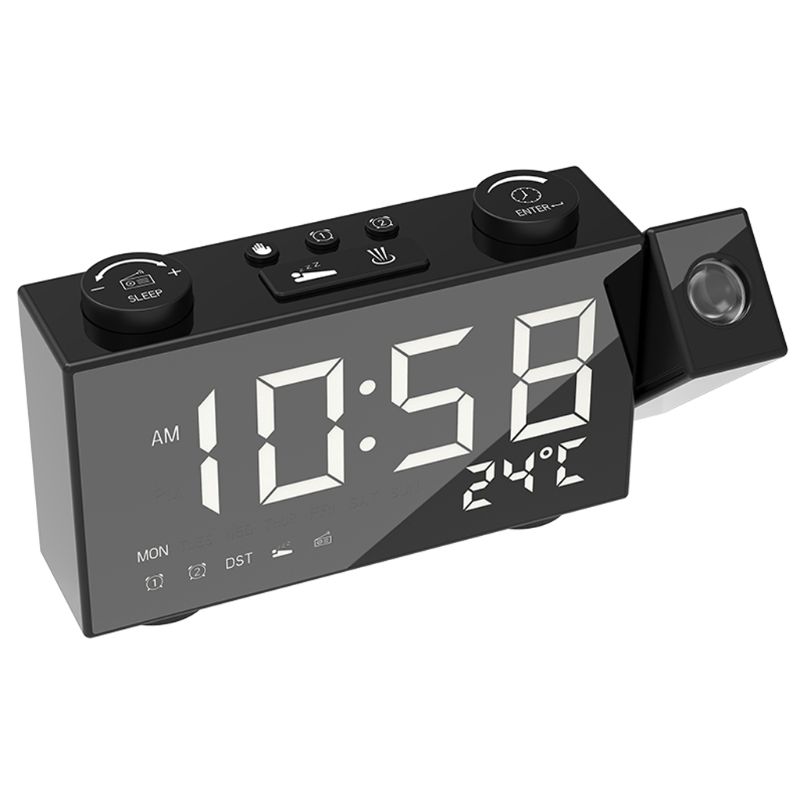LED Digital FM Radio Projection Alarm Clock Snooze Timer Temperature Display with USB Charge Cable Home Decor